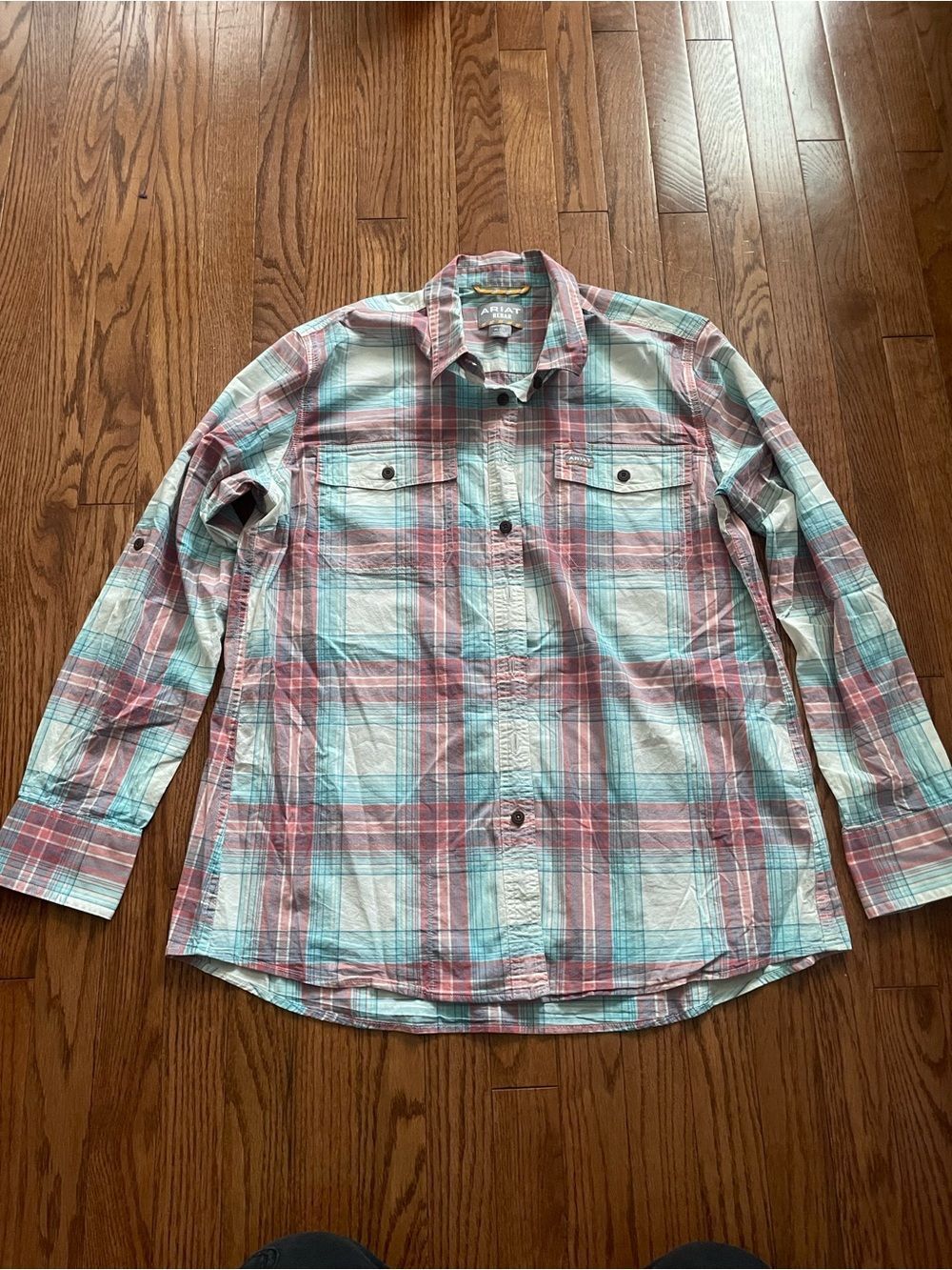 Ariat Rebar Pink Blue Plaid Button Down Shirt Women's Sz XL